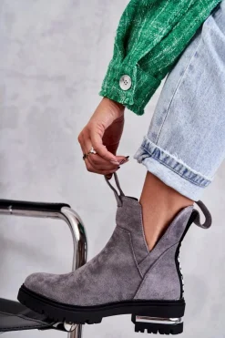 Damskie Boto Zamszowe Botki Z Wycięciami Szare Elvera