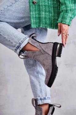 Damskie Boto Zamszowe Botki Z Wycięciami Szare Elvera