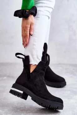 Damskie Boto Zamszowe Botki Z Wycięciami Czarne Elvera