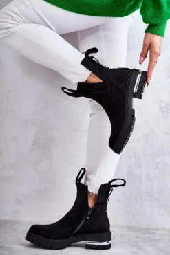 Damskie Boto Zamszowe Botki Z Wycięciami Czarne Elvera