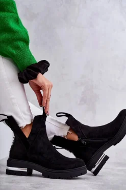 Damskie Boto Zamszowe Botki Z Wycięciami Czarne Elvera