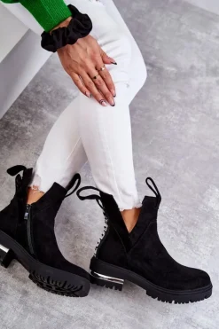 Damskie Boto Zamszowe Botki Z Wycięciami Czarne Elvera