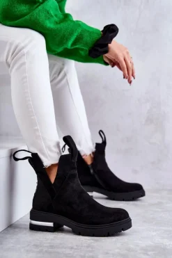 Damskie Boto Zamszowe Botki Z Wycięciami Czarne Elvera