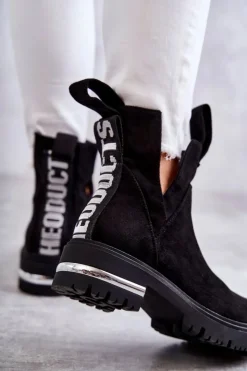 Damskie Boto Zamszowe Botki Z Wycięciami Czarne Elvera