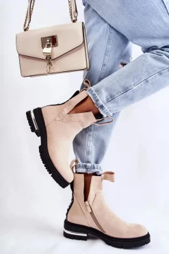 Boto Botki Zimowe Damskie|Brązowe I Beżowe Botki*Zamszowe Botki Z Wycięciami Beżowe Elvera