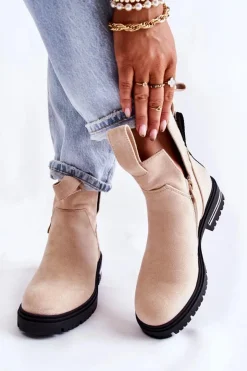 Boto Botki Zimowe Damskie|Brązowe I Beżowe Botki*Zamszowe Botki Z Wycięciami Beżowe Elvera