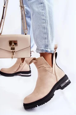 Boto Botki Zimowe Damskie|Brązowe I Beżowe Botki*Zamszowe Botki Z Wycięciami Beżowe Elvera