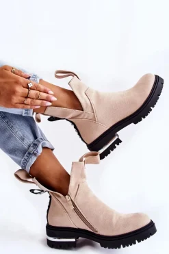 Boto Botki Zimowe Damskie|Brązowe I Beżowe Botki*Zamszowe Botki Z Wycięciami Beżowe Elvera