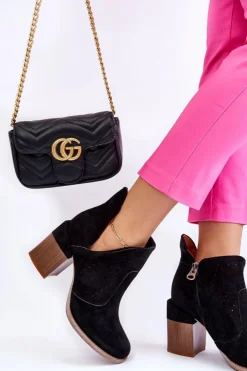 Damskie Boto Zamszowe Botki Z Wycięciem Czarne Layne