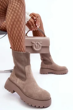 Hot Boto Zamszowe Botki Ze Skarpetą Na Platformie I Płaskim Obcasie Ciemnobeżowe Rewam