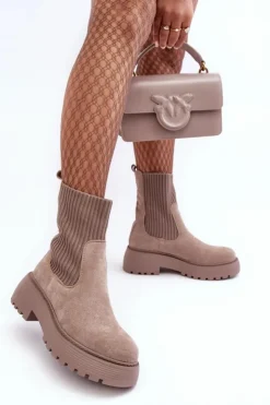 Hot Boto Zamszowe Botki Ze Skarpetą Na Platformie I Płaskim Obcasie Ciemnobeżowe Rewam