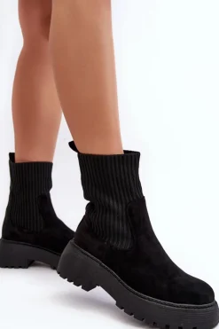 Damskie Boto Zamszowe Botki Ze Skarpetą Na Platformie I Płaskim Obcasie Czarne Rewam