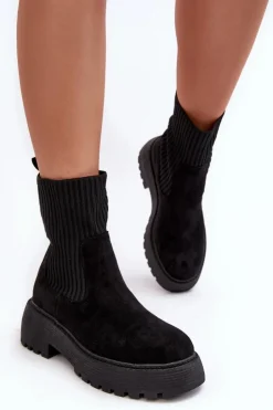 Damskie Boto Zamszowe Botki Ze Skarpetą Na Platformie I Płaskim Obcasie Czarne Rewam