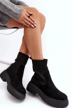 Damskie Boto Zamszowe Botki Ze Skarpetą Na Platformie I Płaskim Obcasie Czarne Rewam