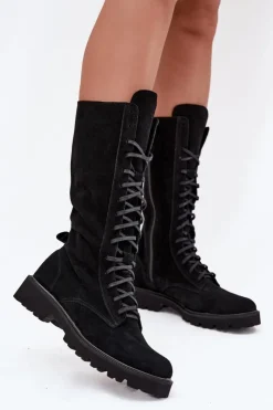 Damskie Zazoo Zamszowe Botki Ze Sznurowaniem Do Połowy Łydki 3103 Czarne