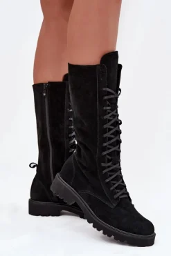 Damskie Zazoo Zamszowe Botki Ze Sznurowaniem Do Połowy Łydki 3103 Czarne