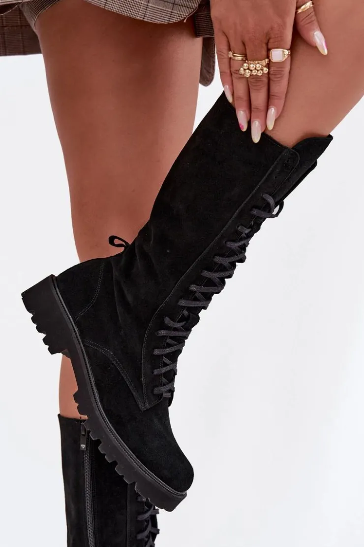 Damskie Zazoo Zamszowe Botki Ze Sznurowaniem Do Połowy Łydki 3103 Czarne