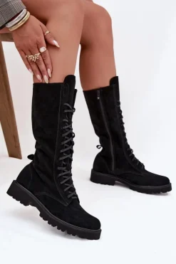 Damskie Zazoo Zamszowe Botki Ze Sznurowaniem Do Połowy Łydki 3103 Czarne