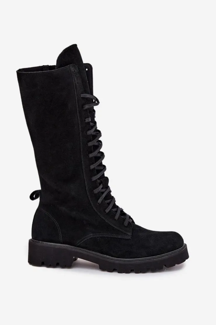 Damskie Zazoo Zamszowe Botki Ze Sznurowaniem Do Połowy Łydki 3103 Czarne