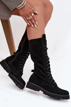 Damskie Zazoo Zamszowe Botki Ze Sznurowaniem Do Połowy Łydki 3103 Czarne