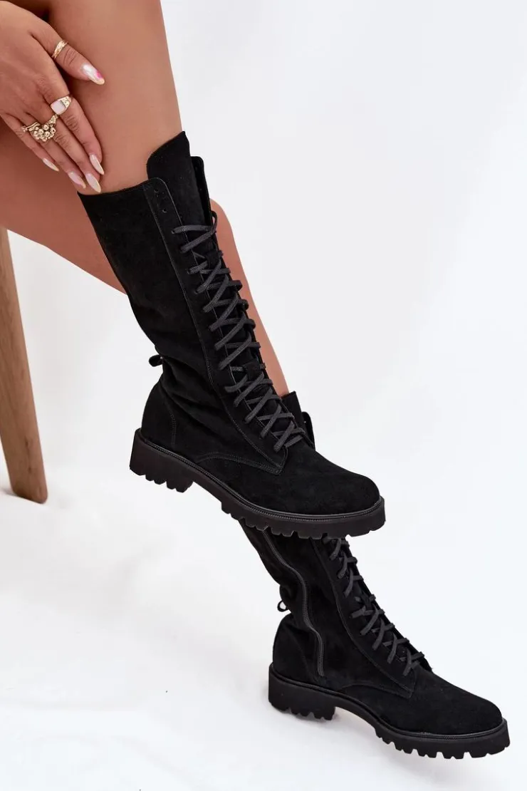 Damskie Zazoo Zamszowe Botki Ze Sznurowaniem Do Połowy Łydki 3103 Czarne