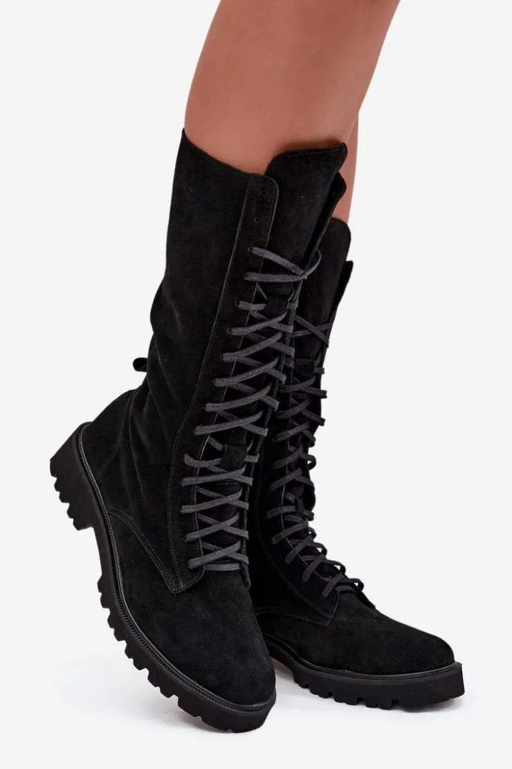 Damskie Zazoo Zamszowe Botki Ze Sznurowaniem Do Połowy Łydki 3103 Czarne