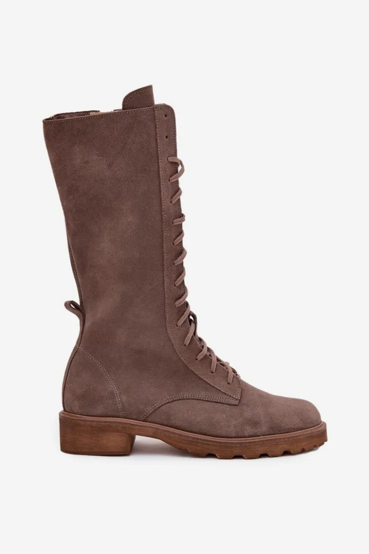 Discount Zazoo Zamszowe Botki Ze Sznurowaniem Do Połowy Łydki 3103 Ciemnobeżowe Beżowy