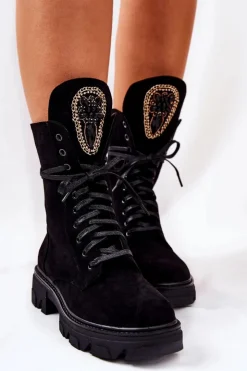 Damskie Boto Zamszowe Botki Ze Zdobieniem Czarne Elaina