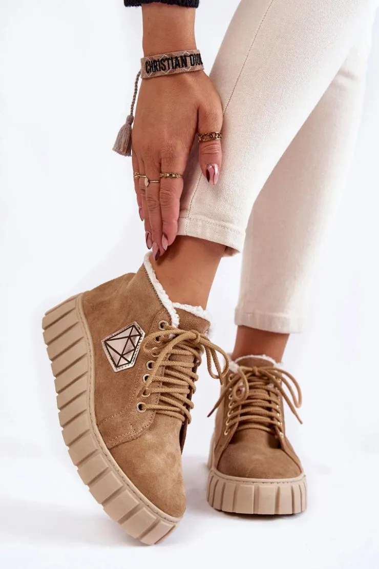 Boto Botki Sznurowane|Botki Płaskie*Zamszowe Buty Sportowe Wiązane Lewski Shoes 3252/N Beżowe