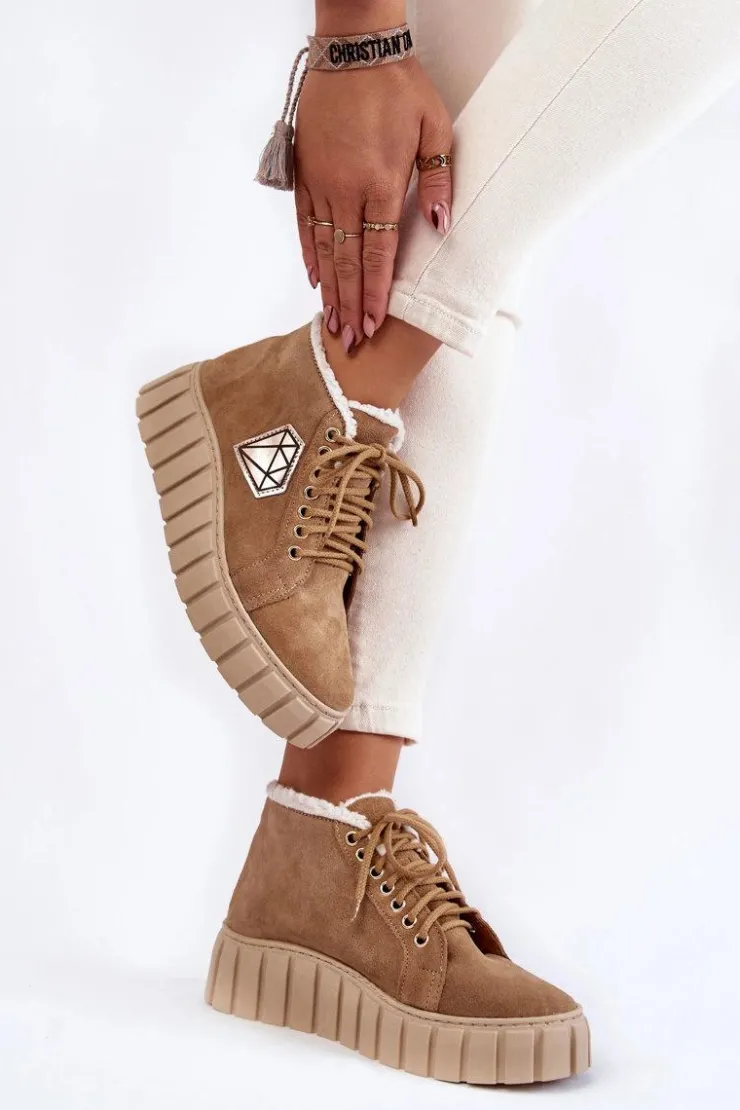 Boto Botki Sznurowane|Botki Płaskie*Zamszowe Buty Sportowe Wiązane Lewski Shoes 3252/N Beżowe