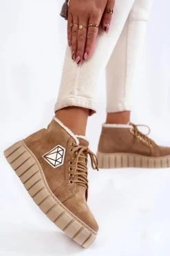 Boto Botki Sznurowane|Botki Płaskie*Zamszowe Buty Sportowe Wiązane Lewski Shoes 3252/N Beżowe