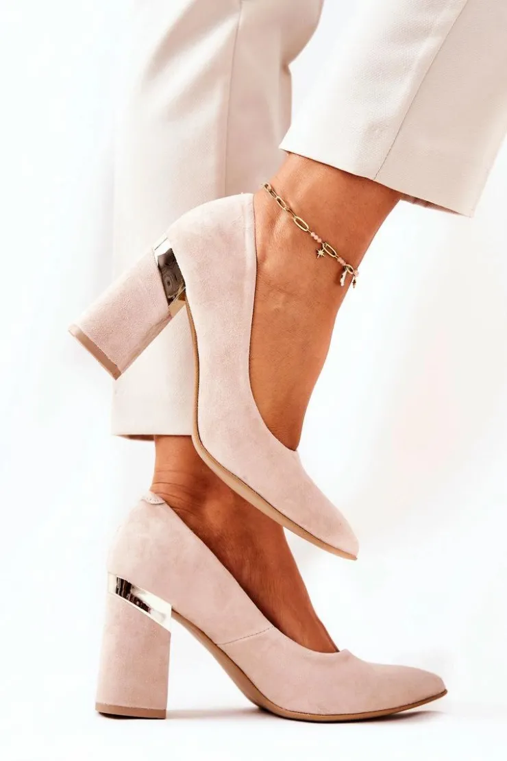 Boto Czółenka Na Słupku*Zamszowe Czółenka Lewski 3117 Beżowe Beżowy