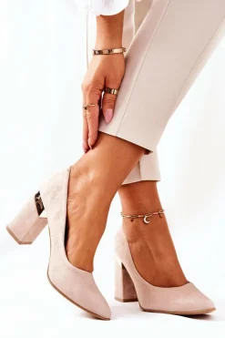 Boto Czółenka Na Słupku*Zamszowe Czółenka Lewski 3117 Beżowe Beżowy