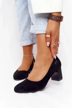 Buty Sergio Leone Czółenka Zamszowe|Czółenka Na Słupku*Zamszowe Czółenka Na Karbowanym Słupku Sergio Leone Czarne