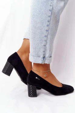 Buty Sergio Leone Czółenka Zamszowe|Czółenka Na Słupku*Zamszowe Czółenka Na Karbowanym Słupku Sergio Leone Czarne