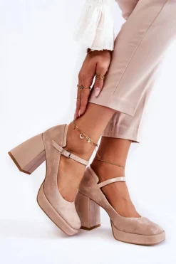 New Boto Zamszowe Czółenka Na Masywnym Obcasie Beżowe Tina