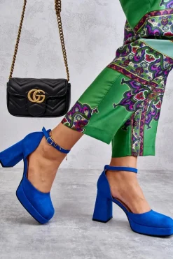 Hot Boto Zamszowe Czółenka Na Masywnym Obcasie I Platformie Niebieskie Diame