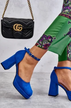 Hot Boto Zamszowe Czółenka Na Masywnym Obcasie I Platformie Niebieskie Diame