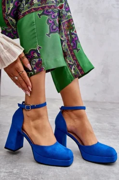 Hot Boto Zamszowe Czółenka Na Masywnym Obcasie I Platformie Niebieskie Diame