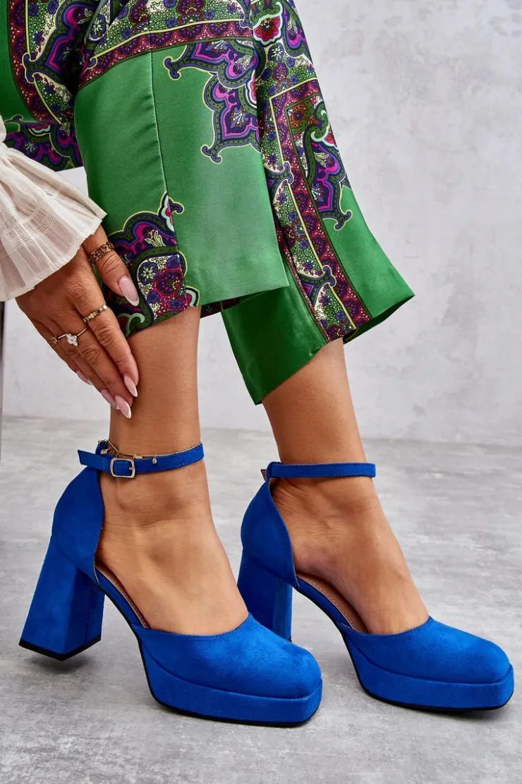 Hot Boto Zamszowe Czółenka Na Masywnym Obcasie I Platformie Niebieskie Diame