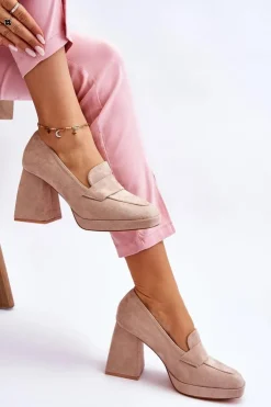 Hot Buty damskie Vinceza Zamszowe Czółenka Na Masywnym Obcasie I Platformie Beżowe Adriel