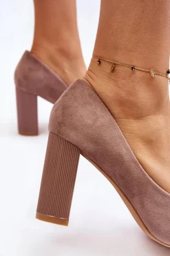 Boto Czółenka Zamszowe|Czółenka Na Słupku*Zamszowe Czółenka Na Modnym Obcasie Beżowe Estellia