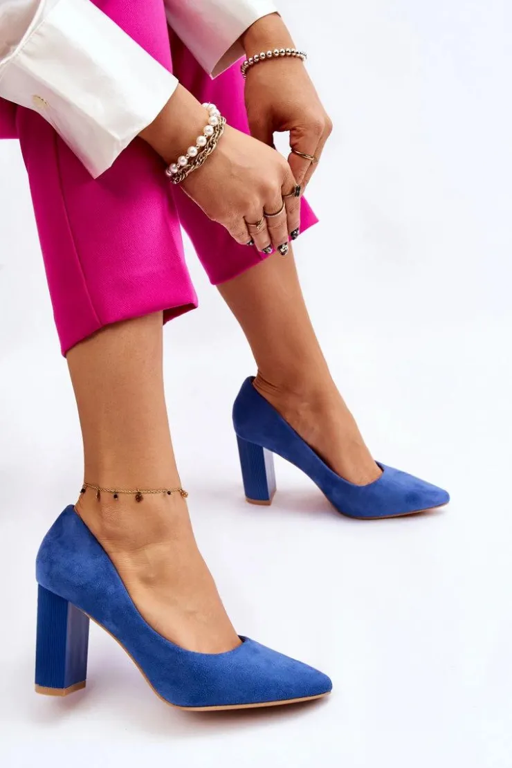 Boto Czółenka Zamszowe|Czółenka Na Słupku*Zamszowe Czółenka Na Modnym Obcasie Niebieskie Estellia