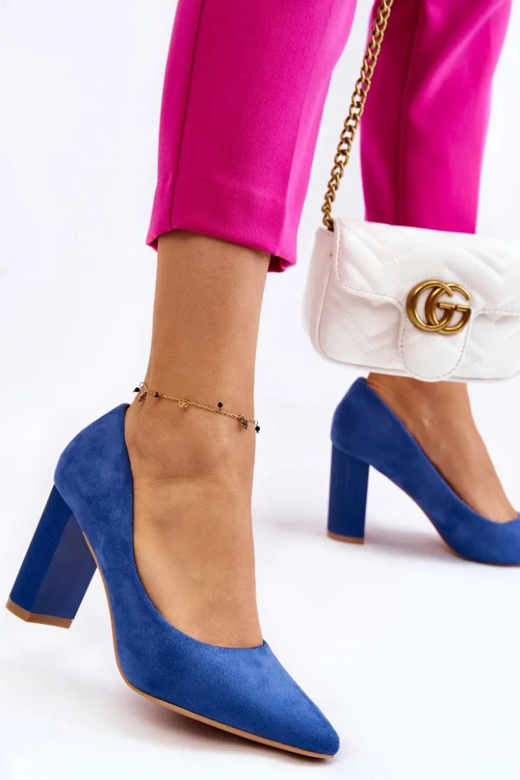 Boto Czółenka Zamszowe|Czółenka Na Słupku*Zamszowe Czółenka Na Modnym Obcasie Niebieskie Estellia