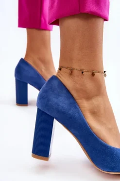 Boto Czółenka Zamszowe|Czółenka Na Słupku*Zamszowe Czółenka Na Modnym Obcasie Niebieskie Estellia