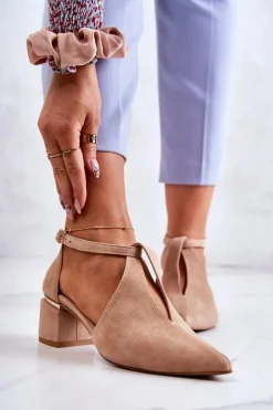 Laura Messi Czółenka Zamszowe|Czółenka Na Słupku*Zamszowe Czółenka Na Obcasie 2309 Jasnobeżowe