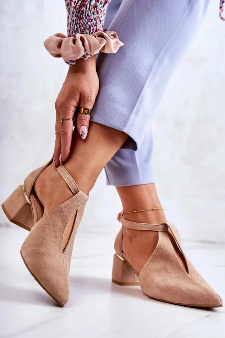 Laura Messi Czółenka Zamszowe|Czółenka Na Słupku*Zamszowe Czółenka Na Obcasie 2309 Jasnobeżowe