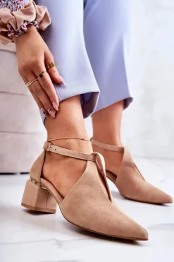 Laura Messi Czółenka Zamszowe|Czółenka Na Słupku*Zamszowe Czółenka Na Obcasie 2309 Jasnobeżowe