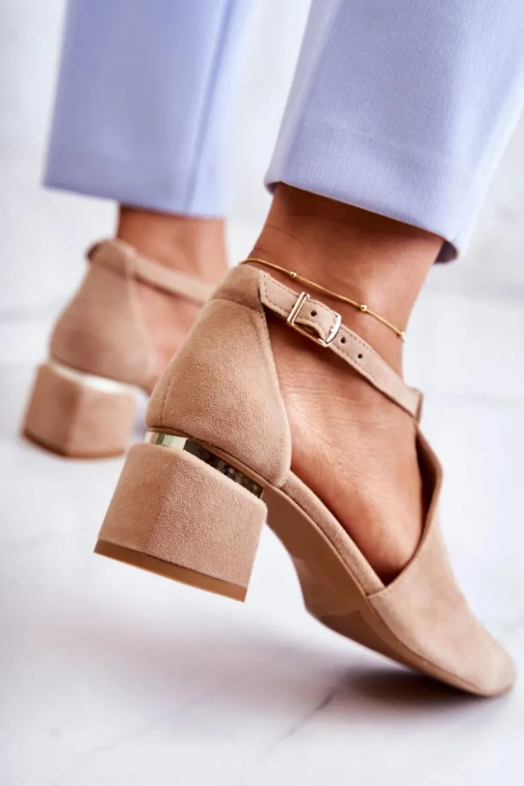 Laura Messi Czółenka Zamszowe|Czółenka Na Słupku*Zamszowe Czółenka Na Obcasie 2309 Jasnobeżowe