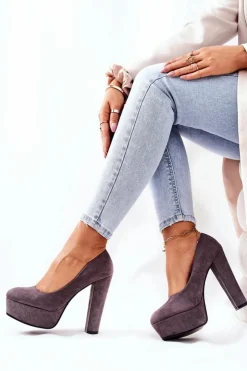 Damskie Boto Zamszowe Czółenka Na Platformie Szare Bemiso